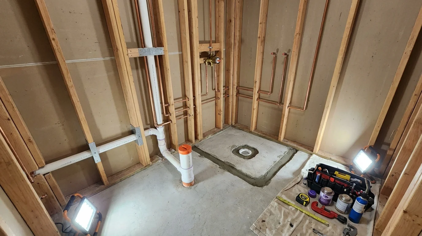 Bathroom rough-in plumbing during remodel by Johns Plumbing LLC in Winnebago