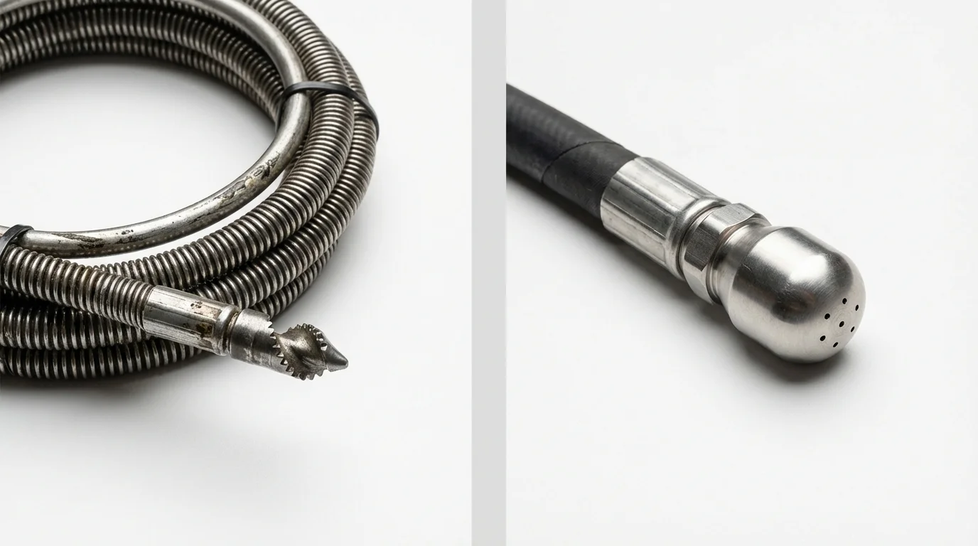 Drain snake cable and hydro jetting nozzle used for drain cleaning in Winnebago, MN