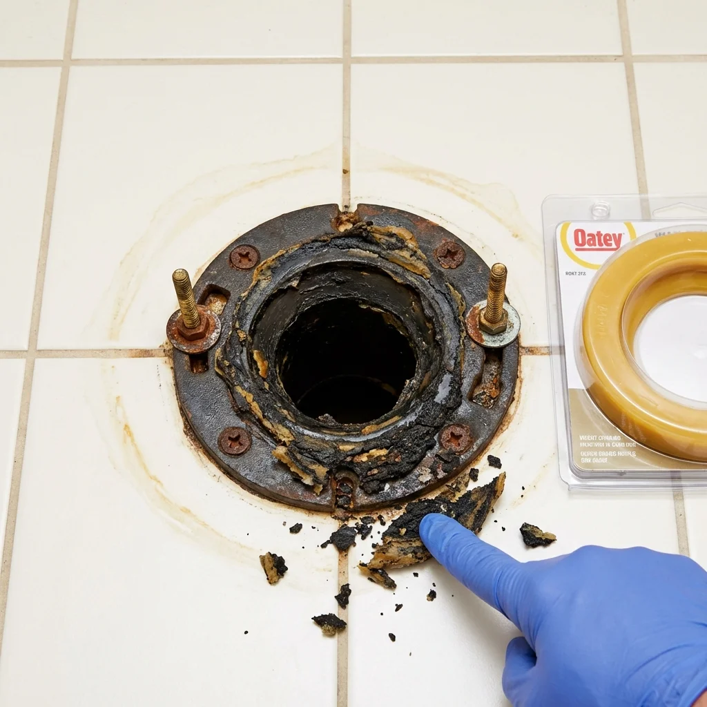 Failed wax ring showing water seepage at the base of a toilet in a Winnebago, MN home