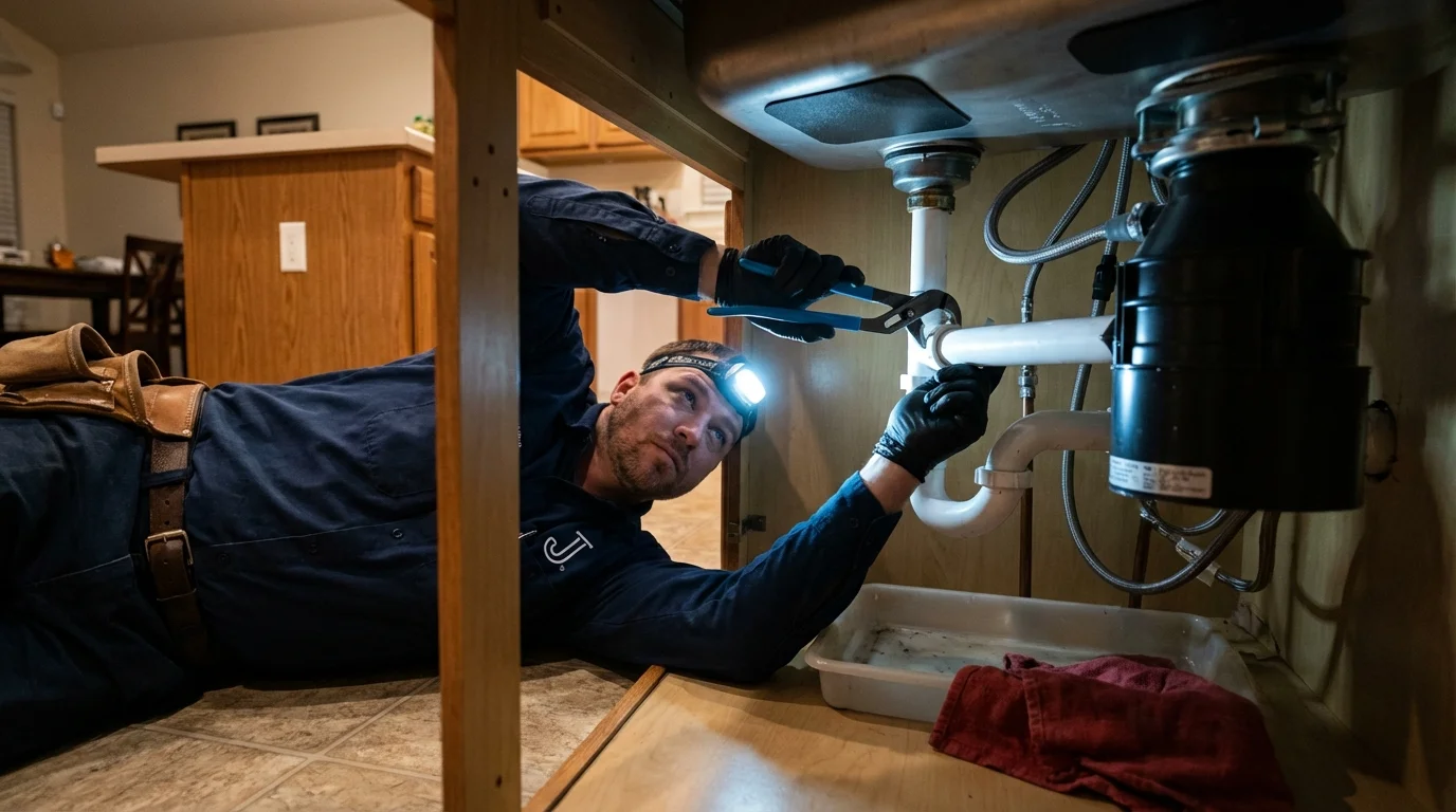 P-trap and supply line connections under a kitchen sink showing a common leak point in Winnebago, MN